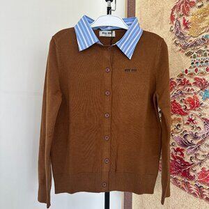 NWT Women's Brown Wool Miu Miu Cardigan with Blue Striped Collar Sz L
